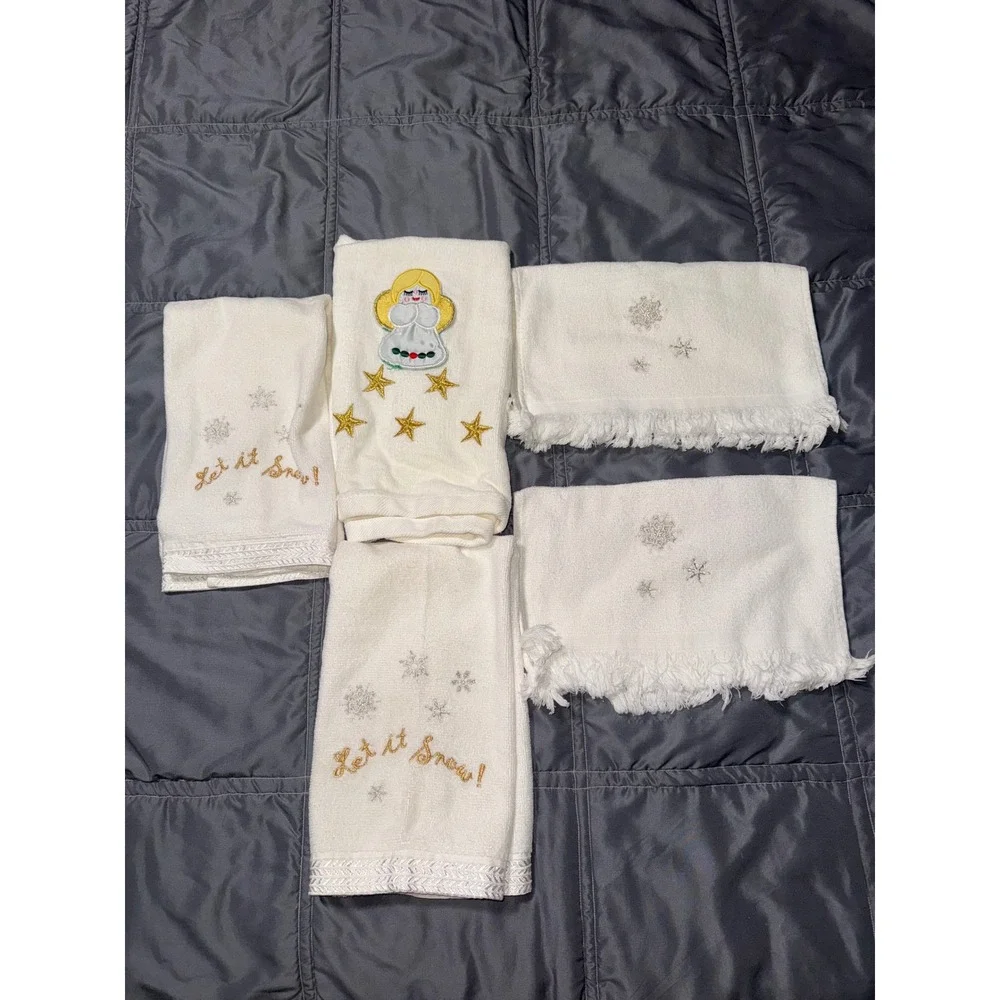 Vintage Christmas Hand Towel Set 5pc White Embroidered Angel Let It Snow Fringe